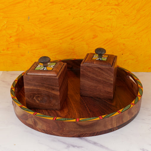 "Circular Planks" Handpainted Sheesham Round Wooden Trays - artystagallery