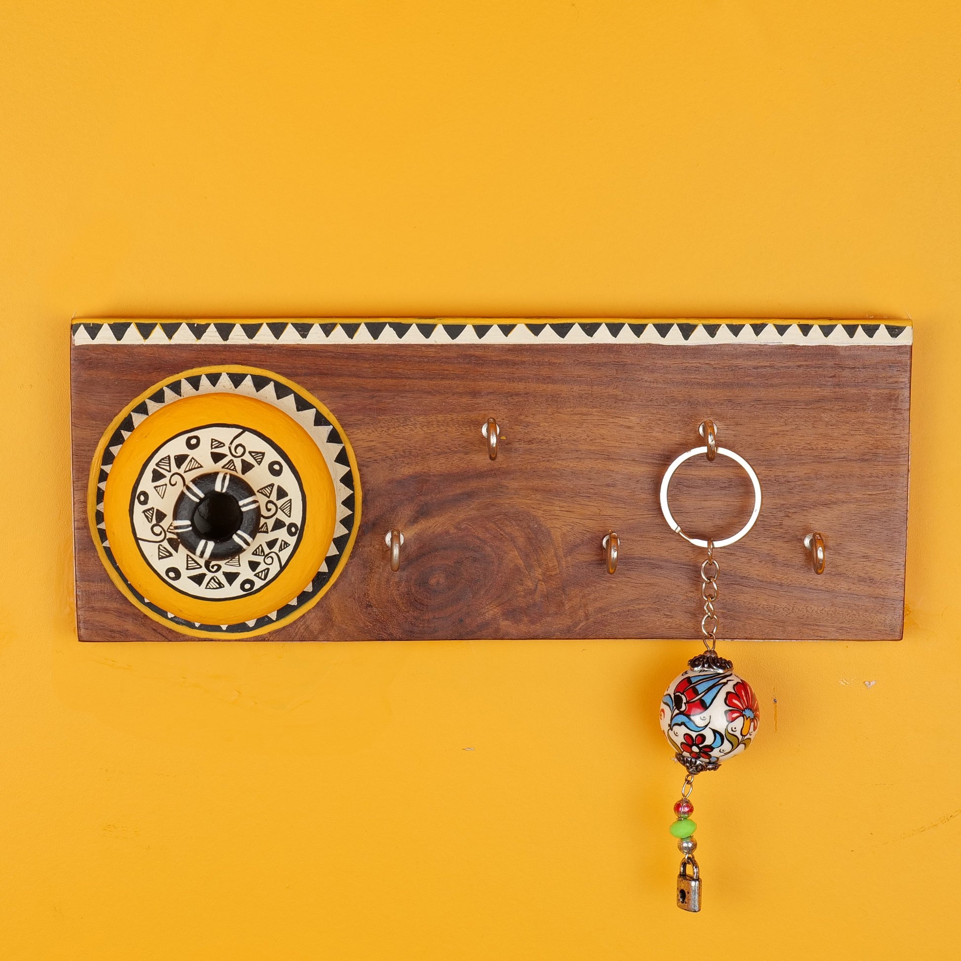 'Matki On Top' Handcrafted Wooden Decorative Key Holder In Yellow Color