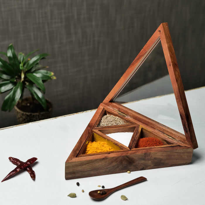 'Triangular Twist' Wooden Spice Box With 4 Containers - artystagallery