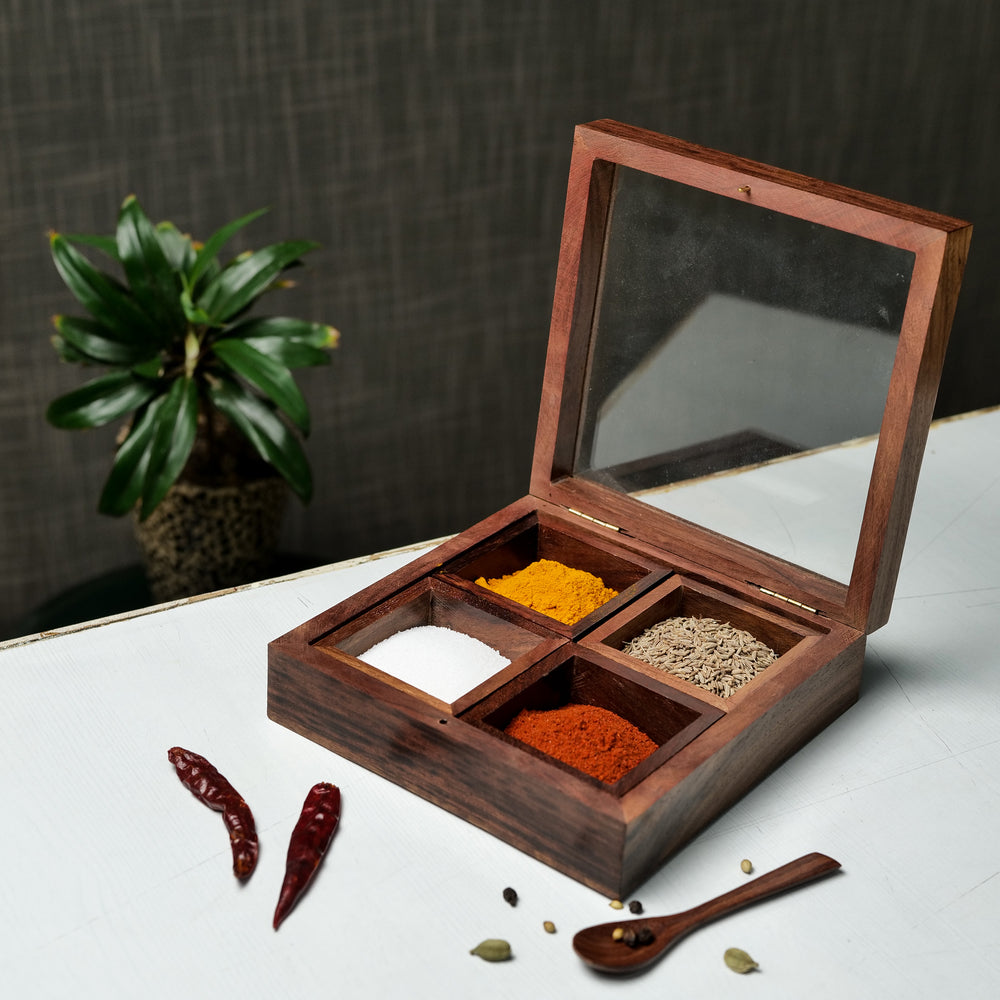 Wooden Spice Box With 4 Containers & Spoon - artystagallery