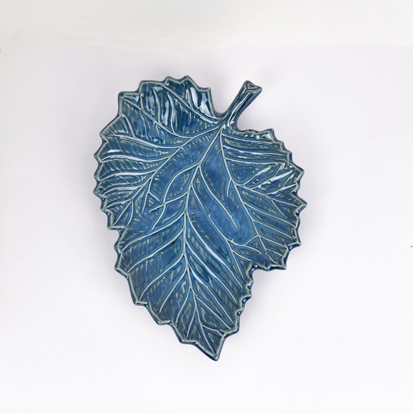 'Serrated Blue Leaf' Studio Pottery Ceramic Serving Platter, 11.3 Inch
