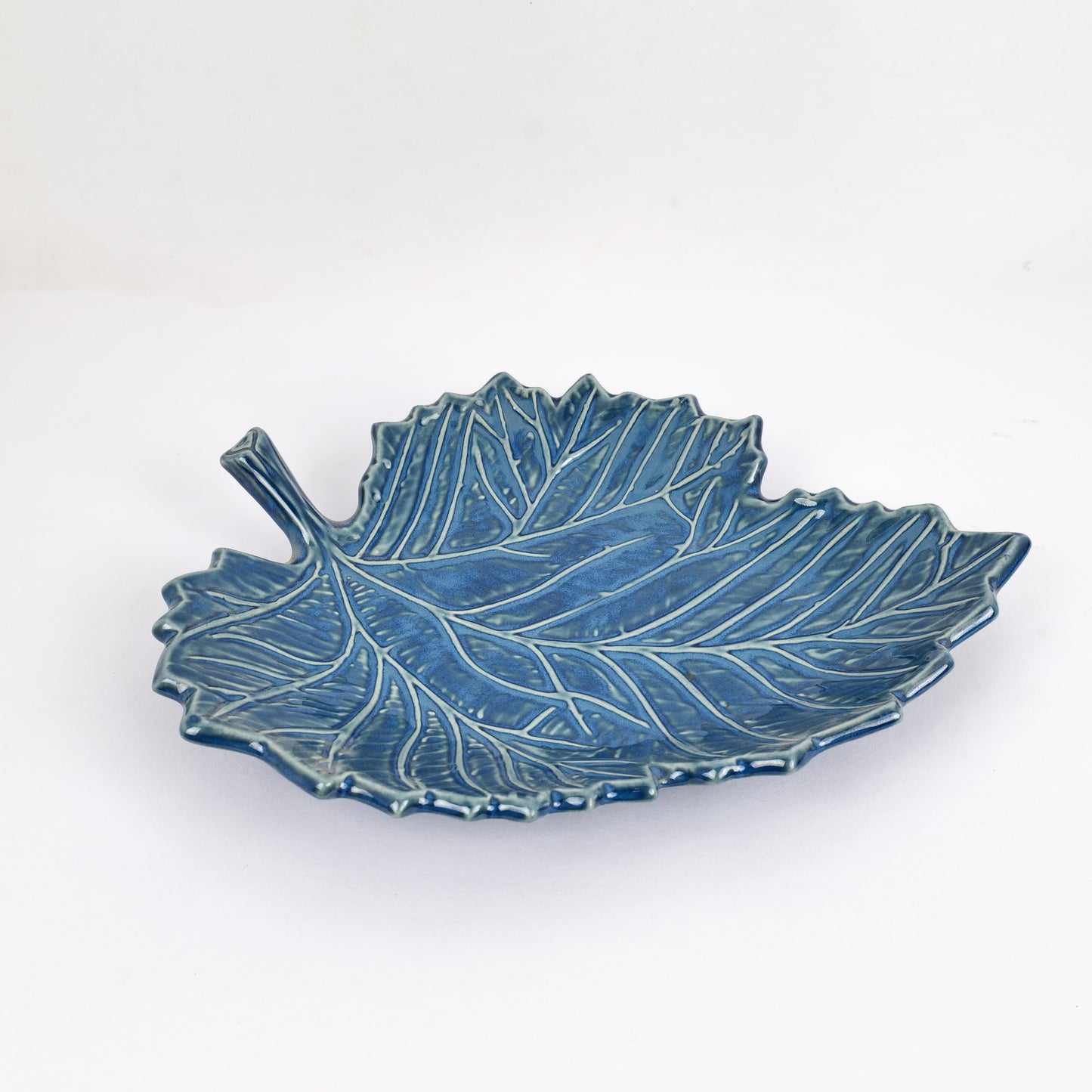 'Serrated Blue Leaf' Studio Pottery Ceramic Serving Platter, 11.3 Inch