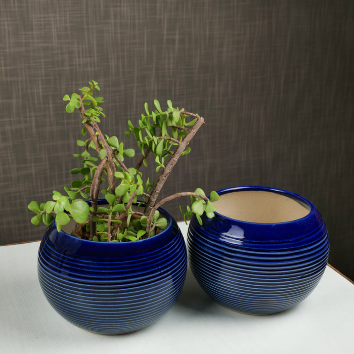 'Indigo Ridged' Ceramic Studio Pottery Planter Pot - artystagallery