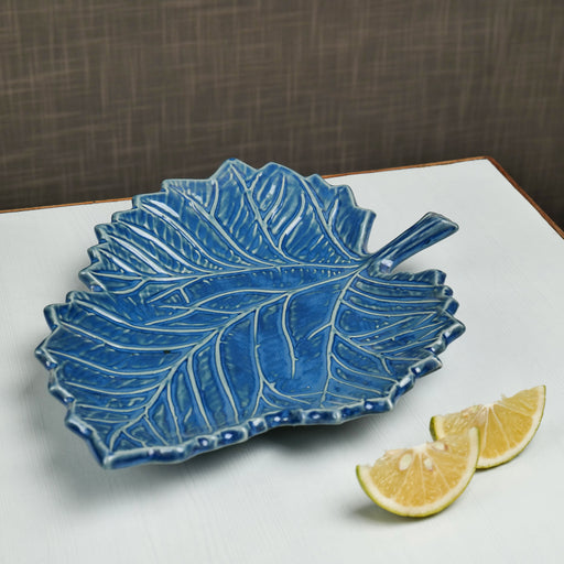 'Serrated Blue Leaf' Studio Pottery Ceramic Serving Platter, 11.3 Inch