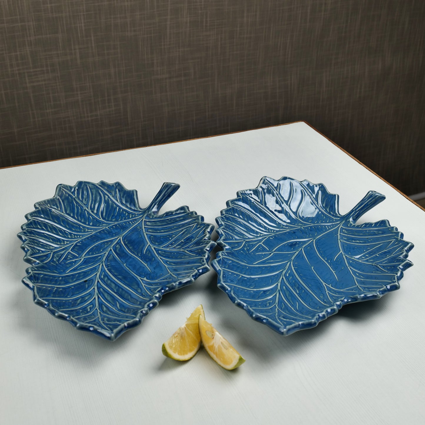 'Serrated Blue Leaf' Studio Pottery Ceramic Serving Platter, 11.3 Inch