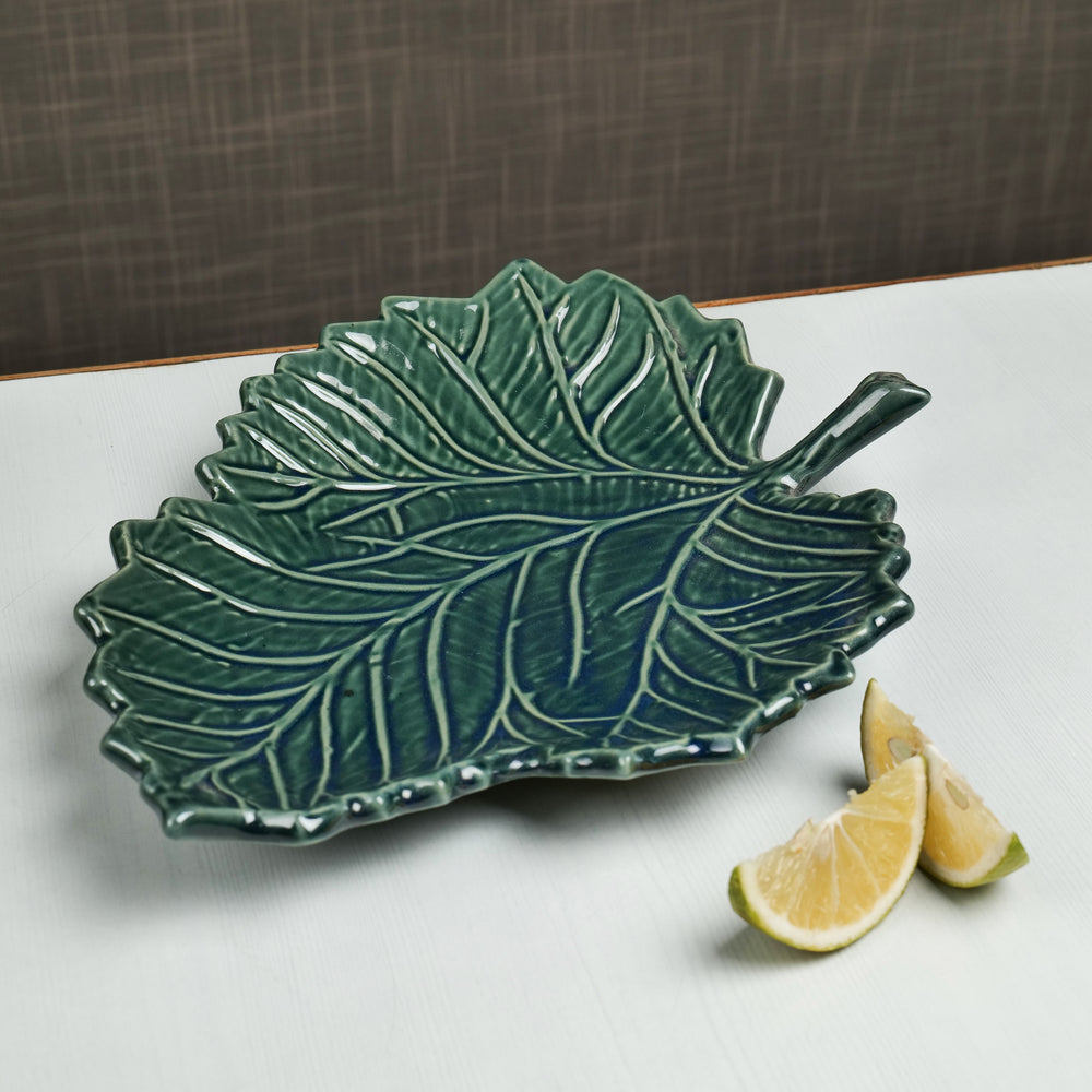 'Serrated Green Leaf' Studio Pottery Ceramic Serving Platter
