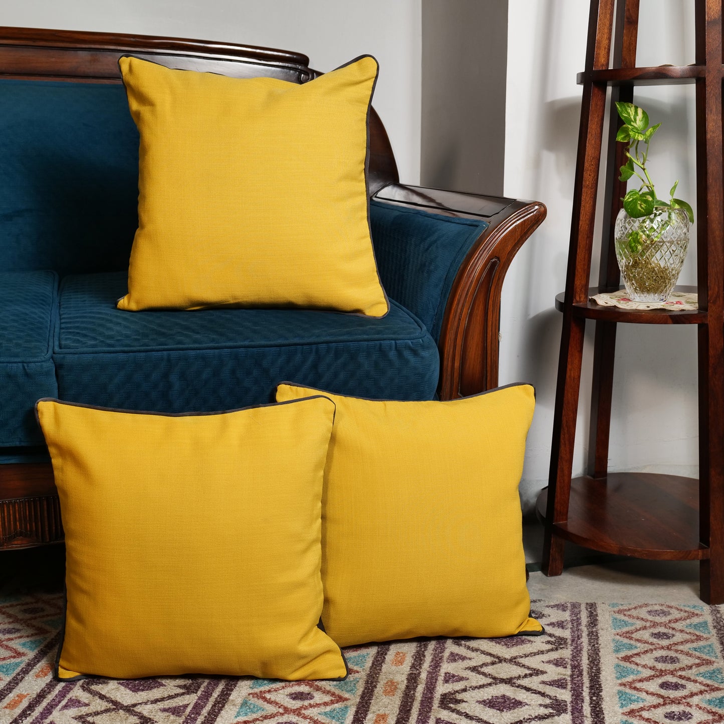 'Plush Mustard' Solid Linen Cushion Covers With Piping (16 x 16 Inch)