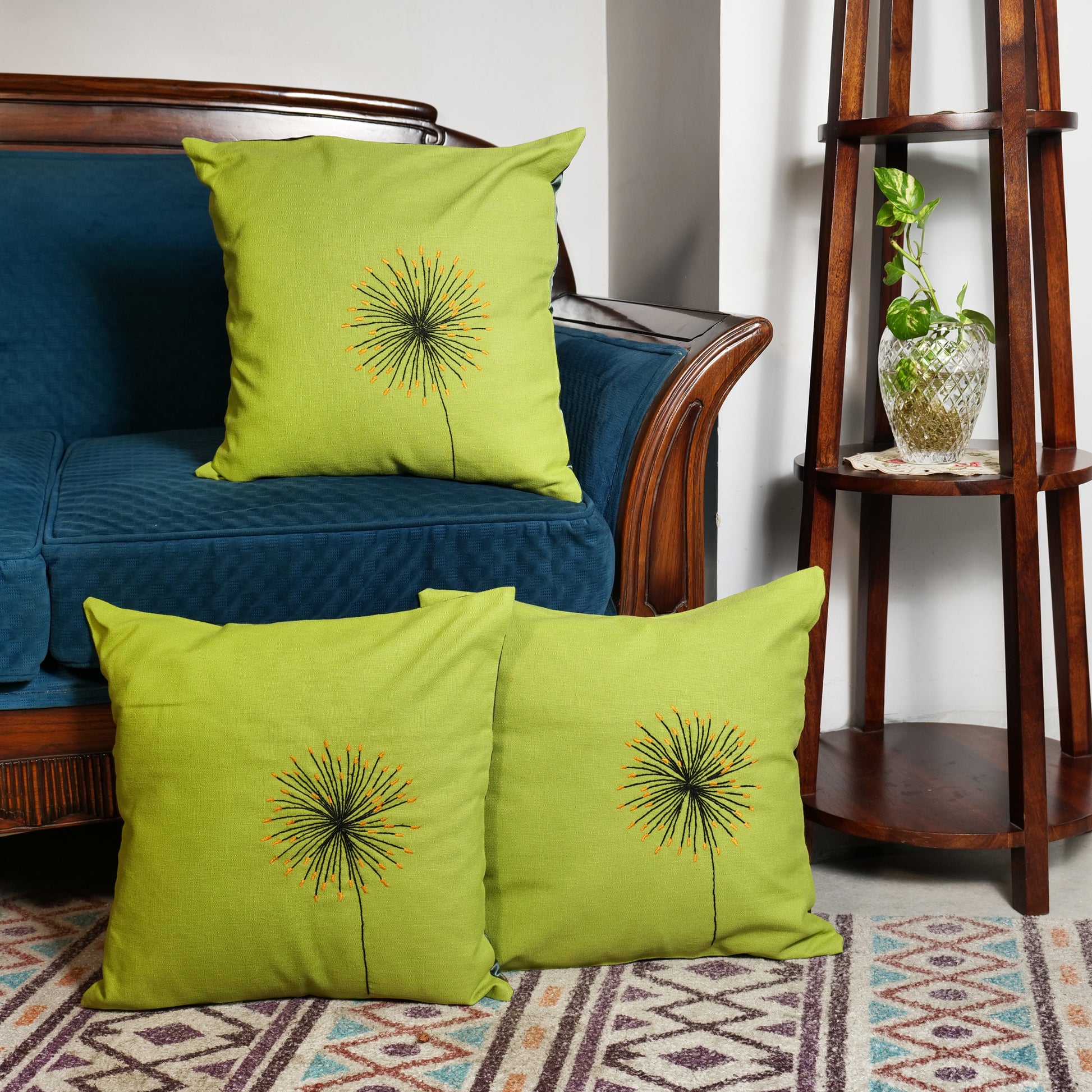 'A Breezy Aura' Hand Embroidered Linen Cushion Covers In Olive Green Color (16 x 16 Inch)