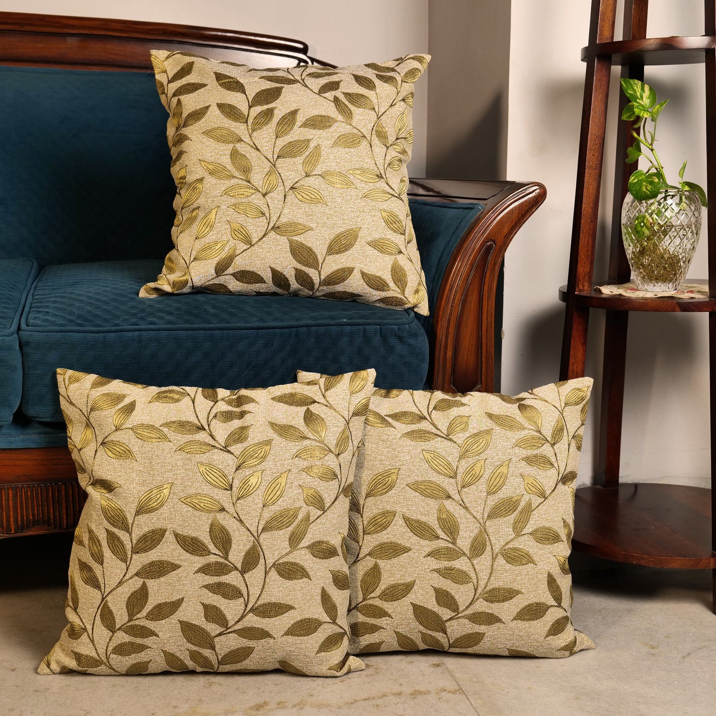 'Golden Leaves' Mehndi Green Textured Cotton Cushion Covers (16 x 16 Inch)