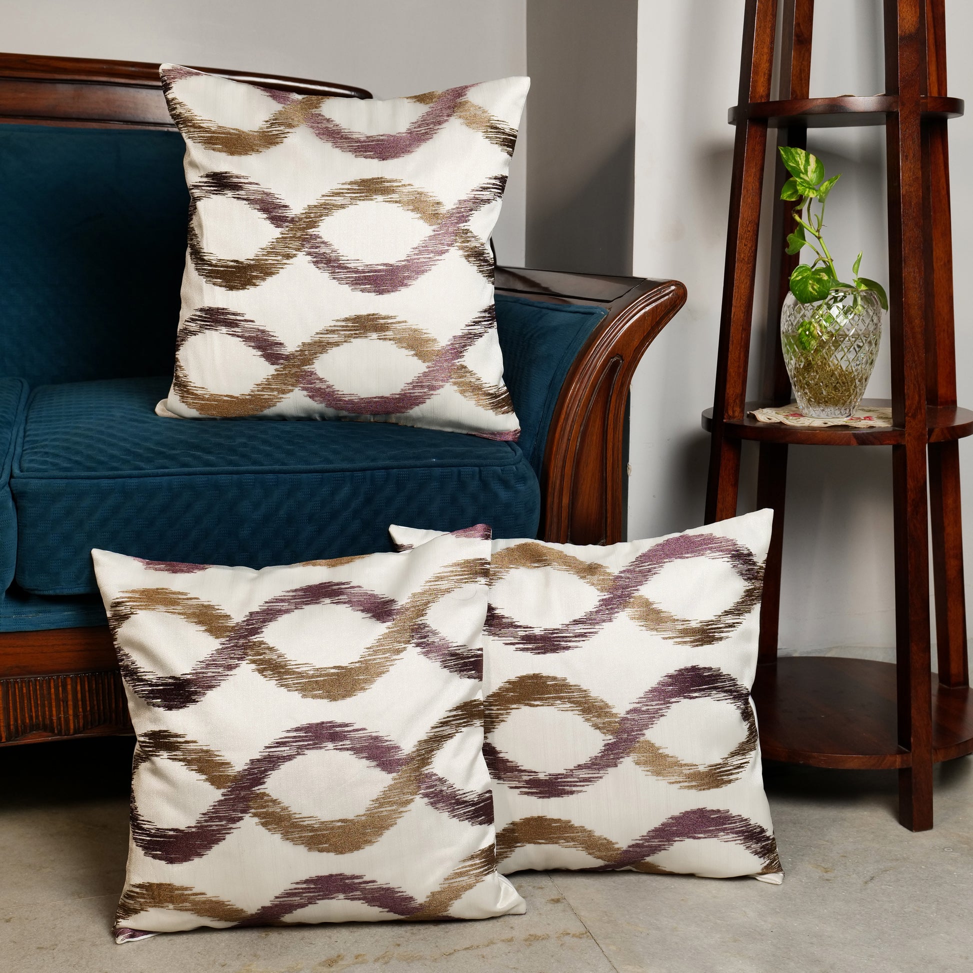 'Horizontal Curve' Off White Cushion Covers In Organza Tissue With Thread Work (16 x 16 Inch)