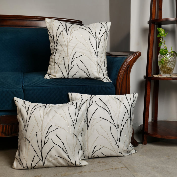'Midnight Branches' White Cushion Covers In Organza Tissue With Thread Work (16 x 16 Inch)