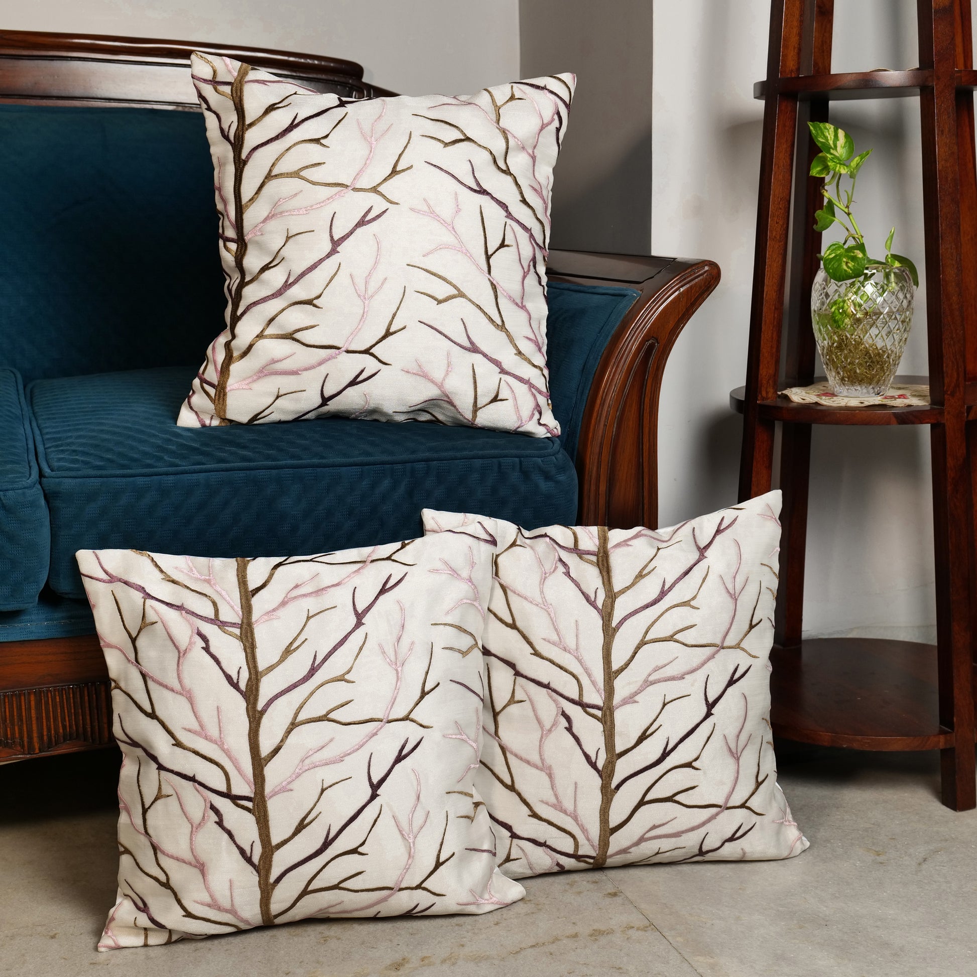 'Mighty Trees' Off White Cushion Covers In Organza Tissue With Thread Work (16 x 16 Inch)