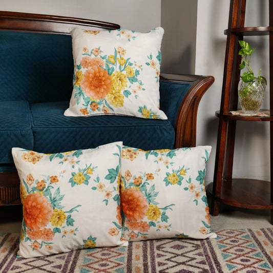 'Orange Flora' White Printed Cushion Covers In Organza Silk (16 x 16 Inch)