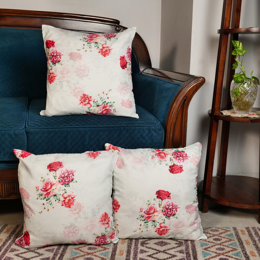 'Pink Flora' White Printed Cushion Covers In Organza Silk (16 x 16 Inch)