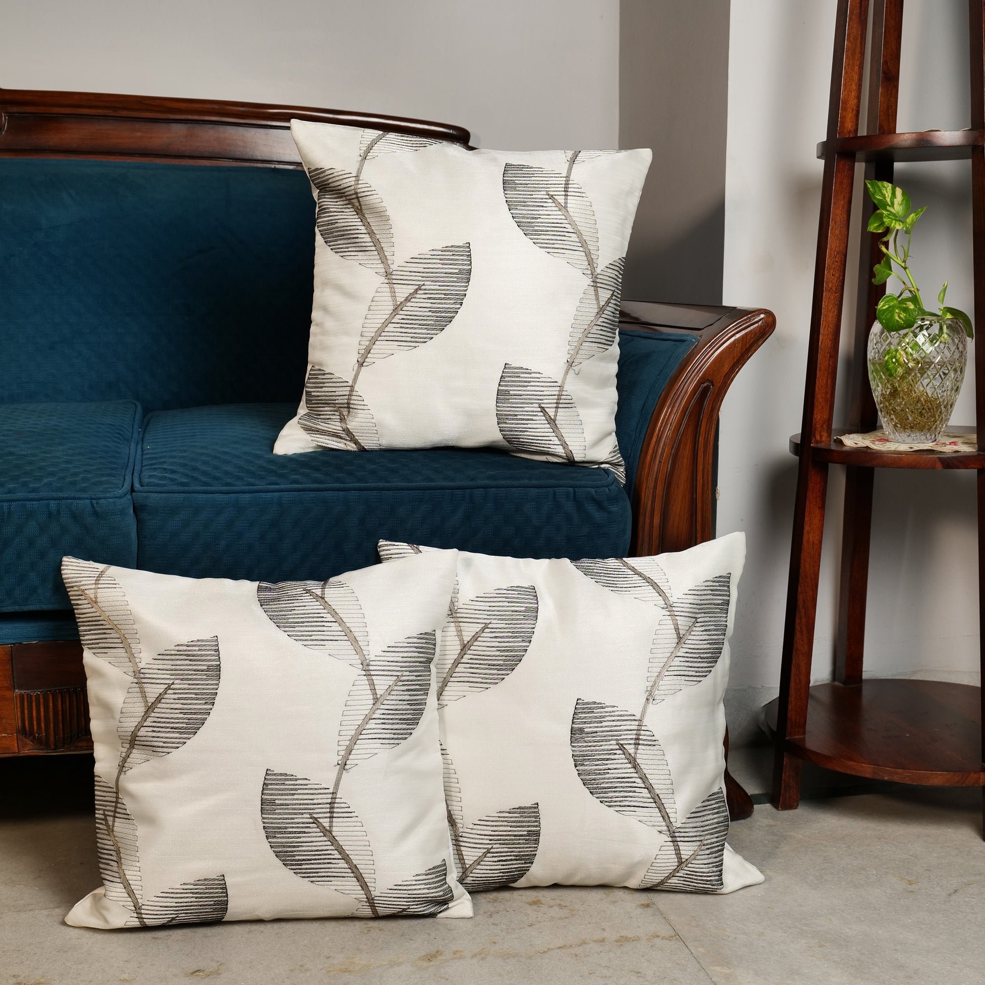 'Black Leaves' White Cushion Covers In Organza Tissue With Thread Work (16 x 16 Inch)