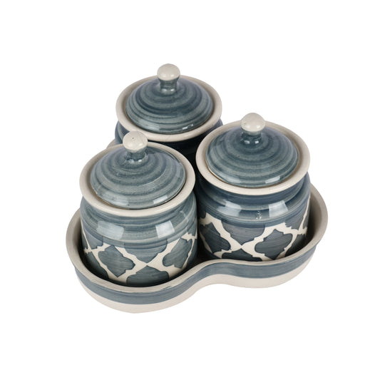 Artysta 'Dark Moroccan' Ceramic Chutney & Pickle Jars Set of 3 With Tray - artystagallery