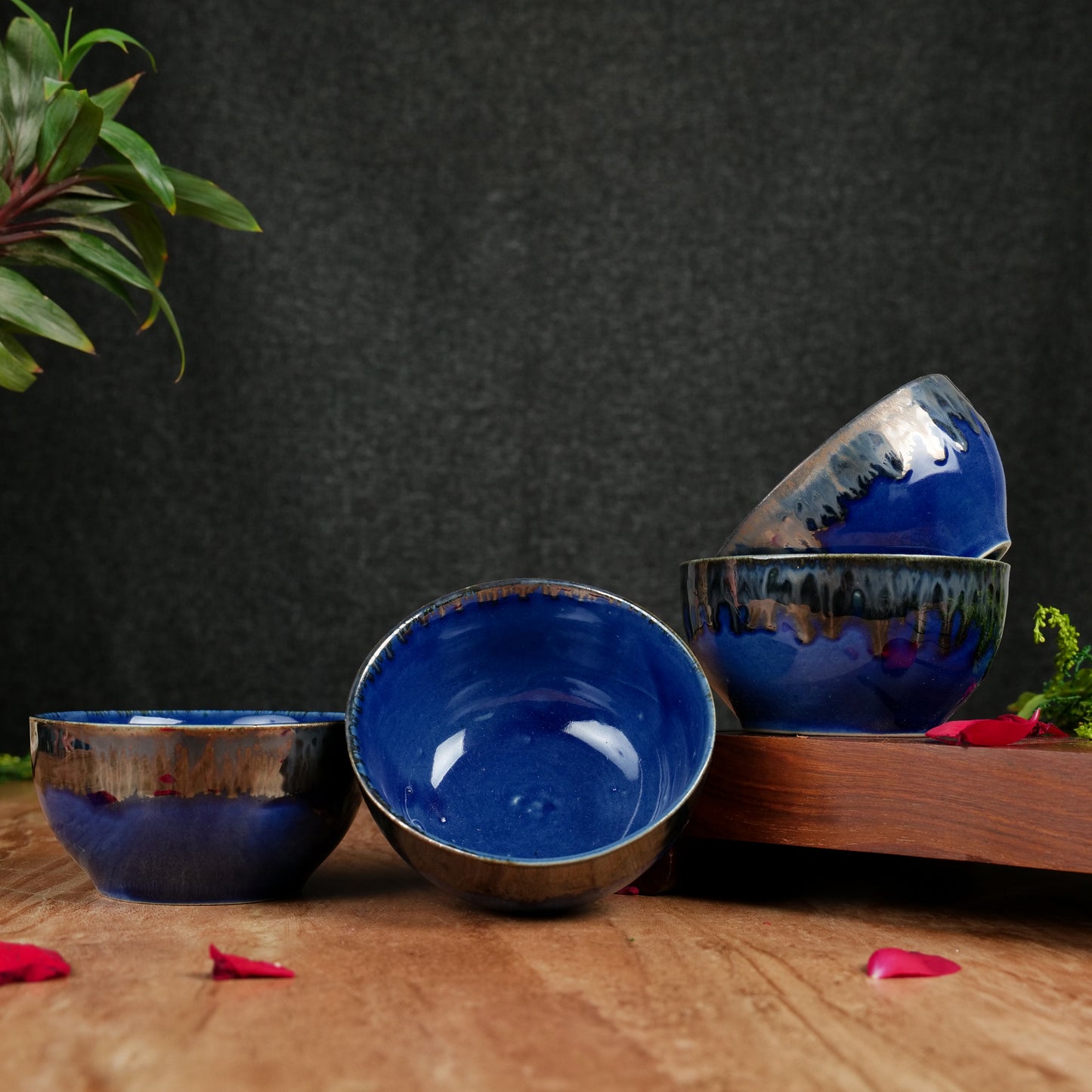 Artysta 'Dark Drips' Ceramic Studio Pottery Dining Bowls/Katoris (Set of 4) - artystagallery