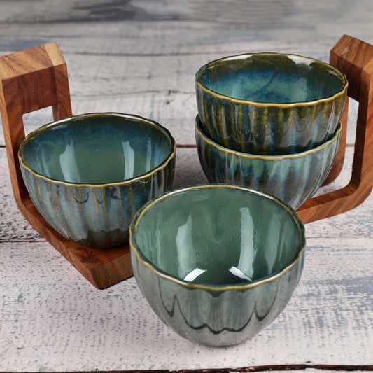 'Sacramento Ridges' Ceramic Studio Pottery Dining Bowls (Set of 4, 300 ml) - artystagallery
