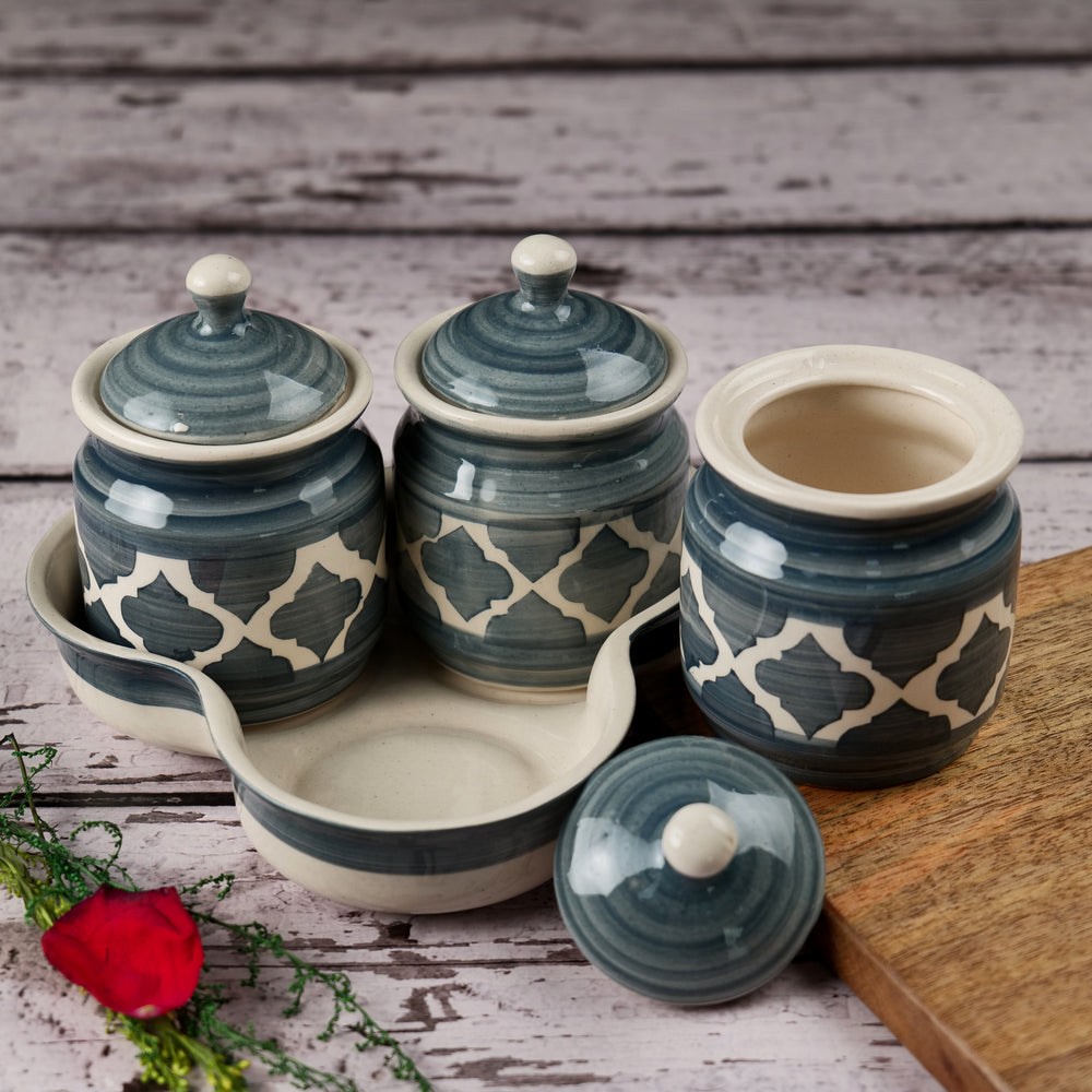 Artysta 'Dark Moroccan' Ceramic Chutney & Pickle Jars Set of 3 With Tray - artystagallery