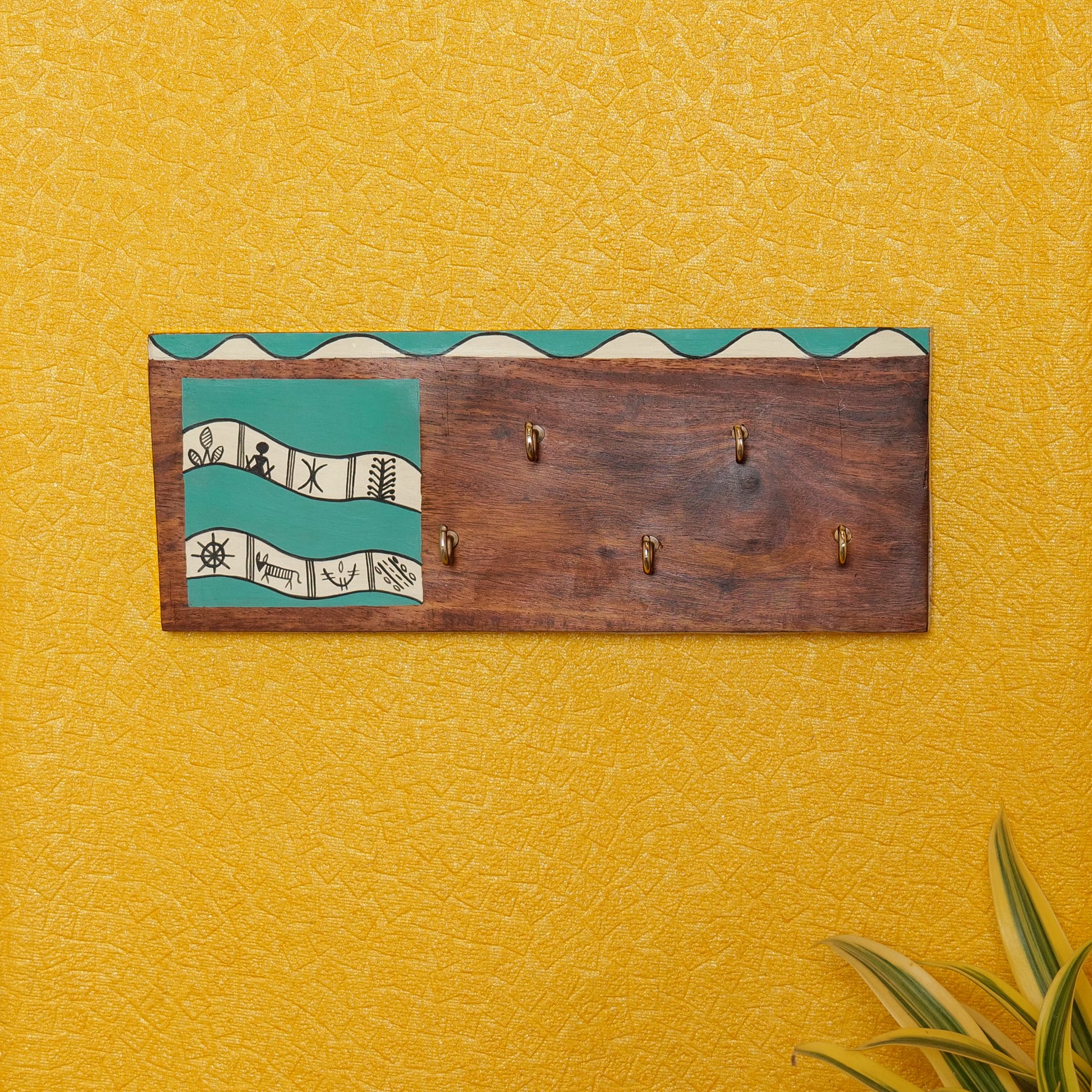 Handcrafted Wooden Decorative Key Holder | Sea Green Warli Key Chain Hanger for Décor