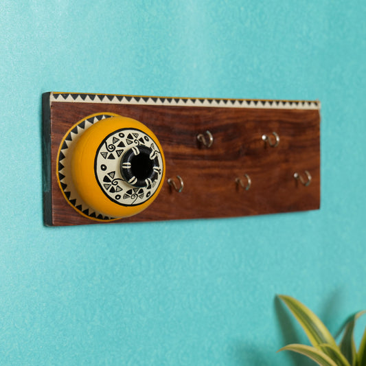 'Matki On Top' Handcrafted Wooden Decorative Key Holder In Yellow Color