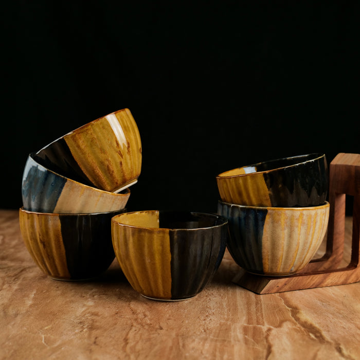'Dual Toned Ridges' Ceramic Veg Bowl Set, (300 ml)