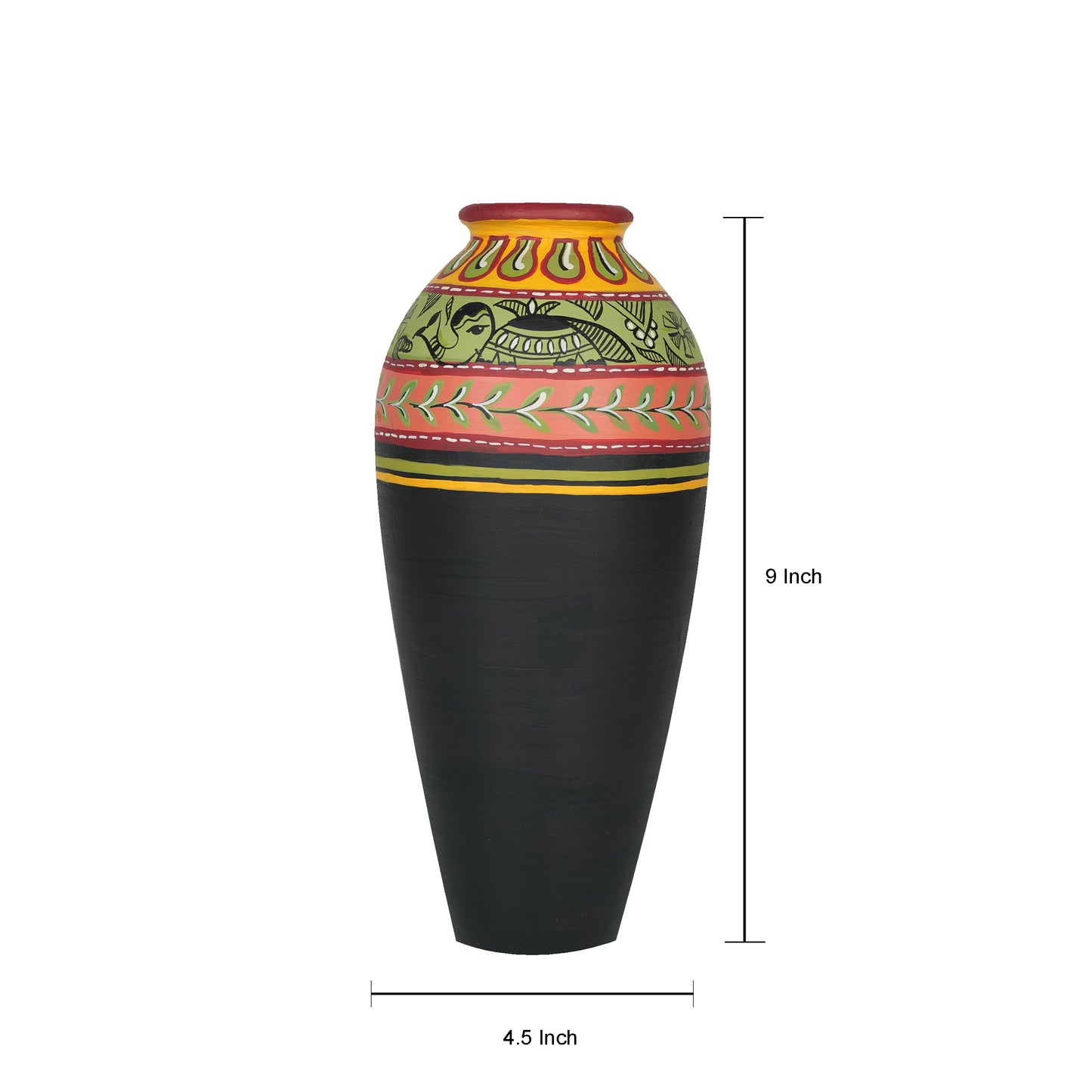 'Madhubani Border' Black Hand-Painted Terracotta Vase, Single
