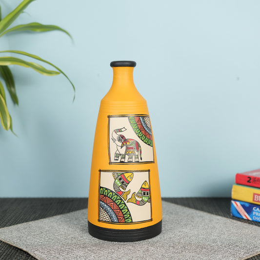 'Madhubani Square' Yellow Hand-Painted Terracotta Big Vase, Single 9 Inch