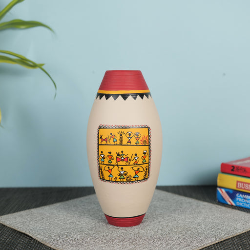 'Warli Jharokha' Beige Terracotta Big Decorative Vase, Single 9 Inch