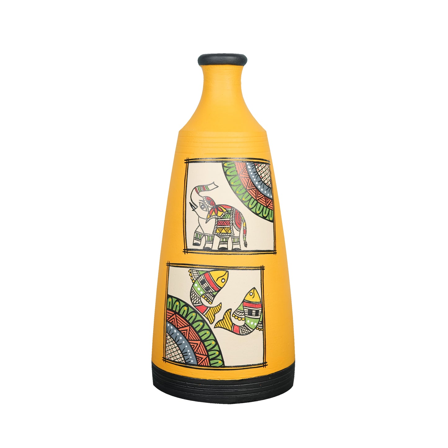 'Madhubani Square' Yellow Hand-Painted Terracotta Big Vase, Single 9 Inch