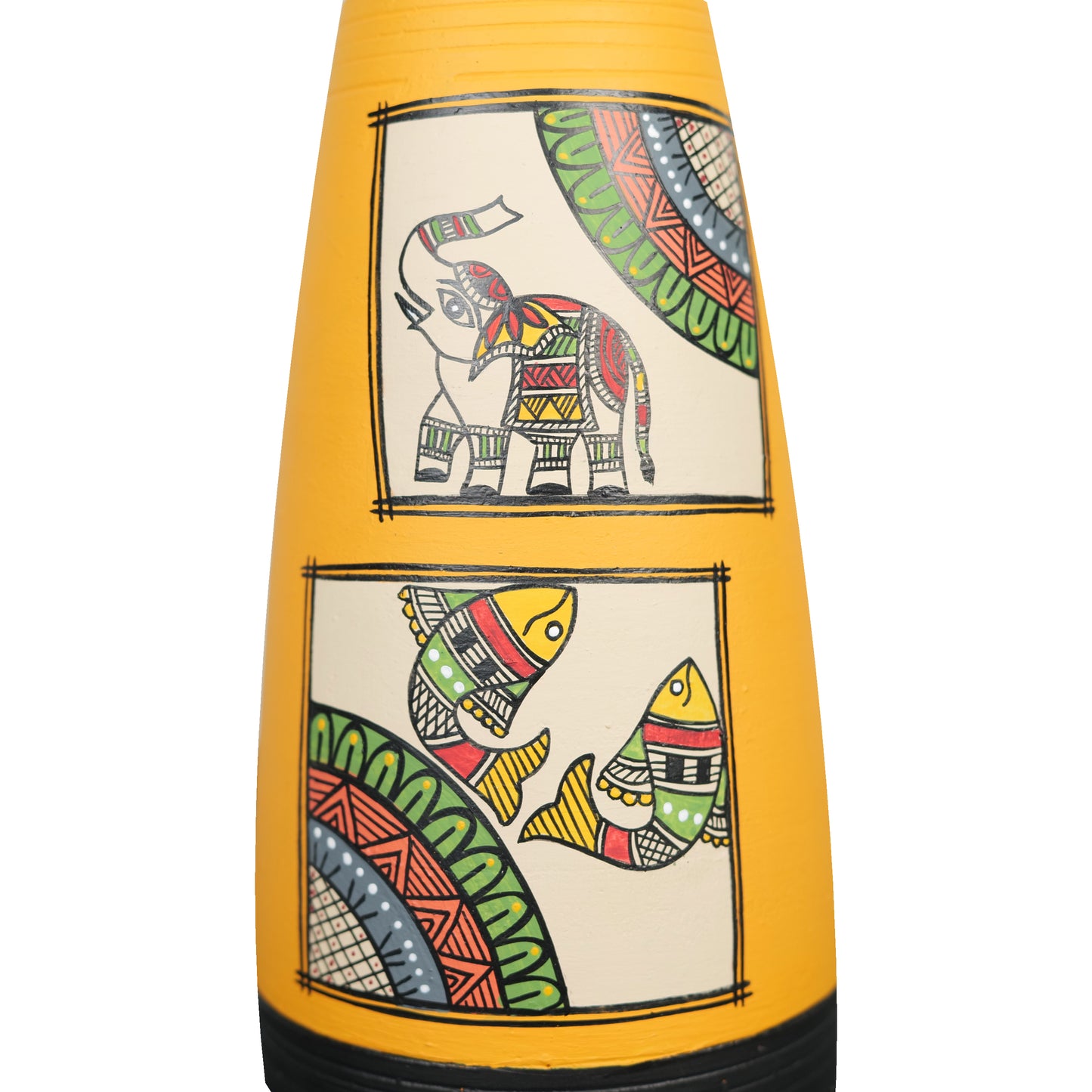'Madhubani Square' Yellow Hand-Painted Terracotta Big Vase, Single 9 Inch