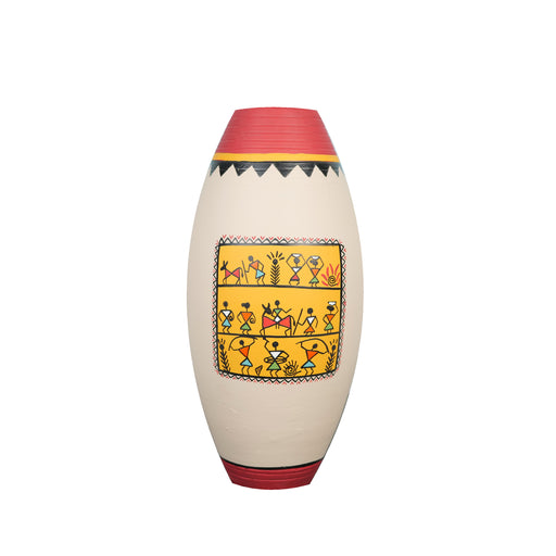 'Warli Jharokha' Beige Terracotta Big Decorative Vase, Single 9 Inch