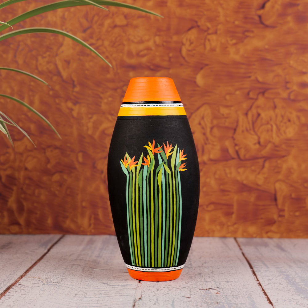'Tropical Meadows' Terracotta Handpainted Vase In Black Color, 9 Inch