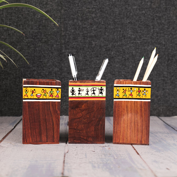 'Warli Trio' Wooden Cutlery Cum Stationary Holder, Set of 3