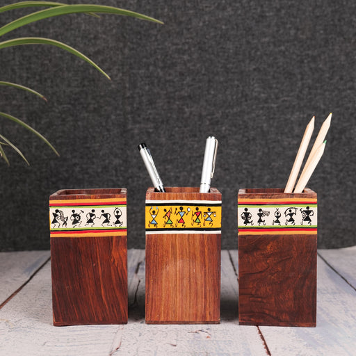 'Wooden Trio' Rectangular Cutlery Cum Stationary Holder, Set of 3