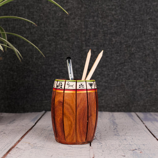 'Warli Barrel' Wooden Cutlery Cum Stationary Holder