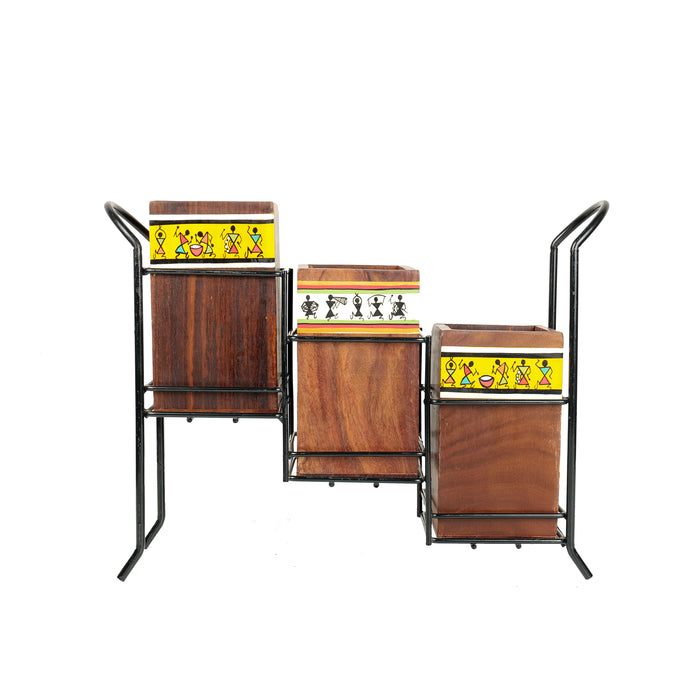 'Warli Trio' Rectangular Cutlery Cum Stationary Holder With Stand, Set of 3