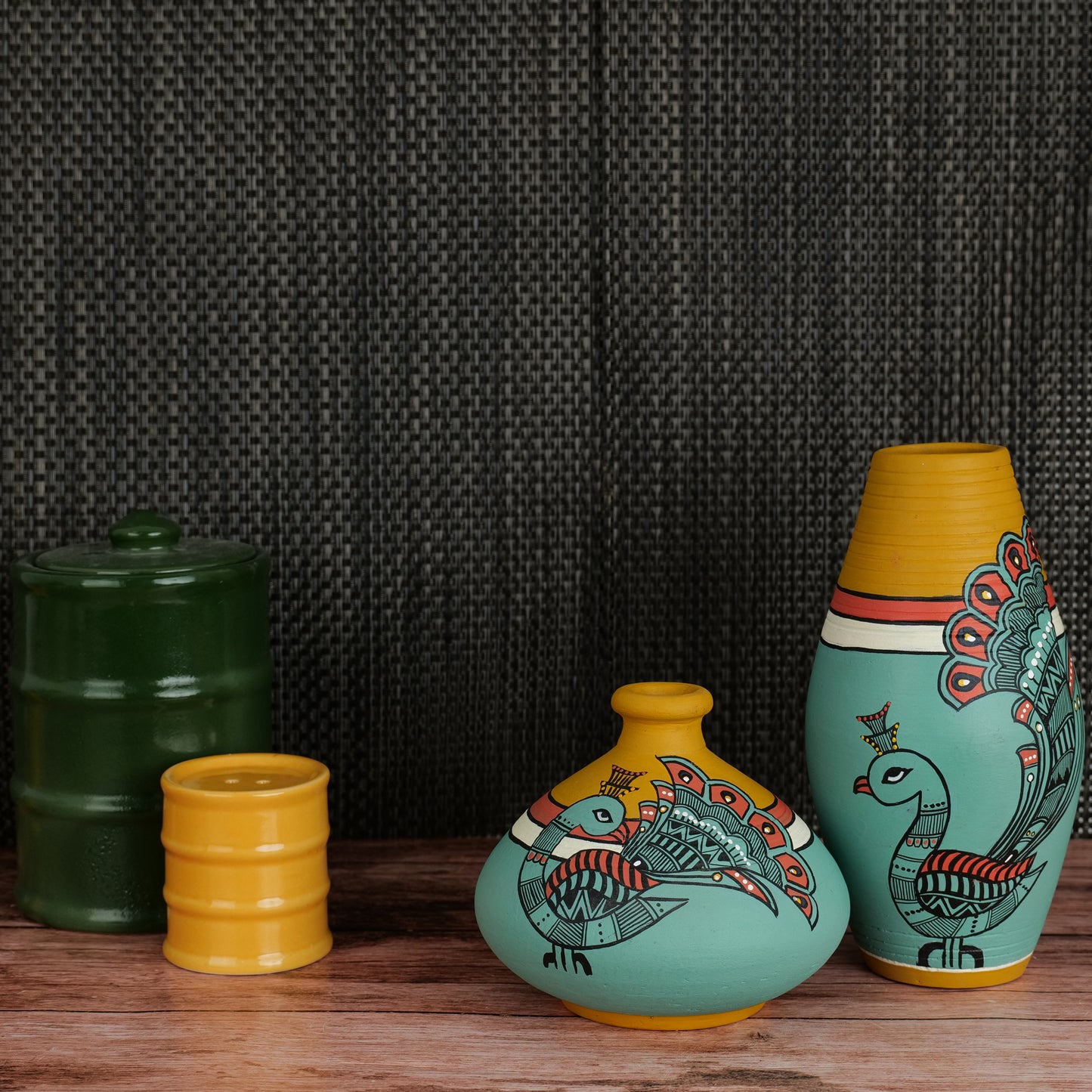 "Madhubani Peacock" Terracotta Vase In Green Color, Set of 2