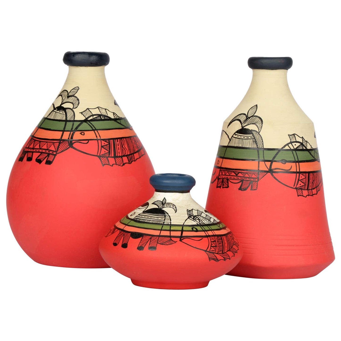 Madhubani Hand-Painted Terracotta Vase In Pink Color, Set Of 3