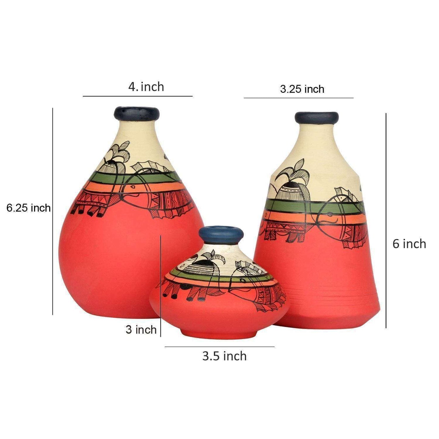 Madhubani Hand-Painted Terracotta Vase In Pink Color, Set Of 3