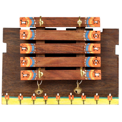 'Warli Block' Handcrafted Wooden Key Holder for Wall (4 Key Hooks)