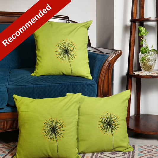 'A Breezy Aura' Hand Embroidered Linen Cushion Covers In Olive Green Color (16 x 16 Inch)