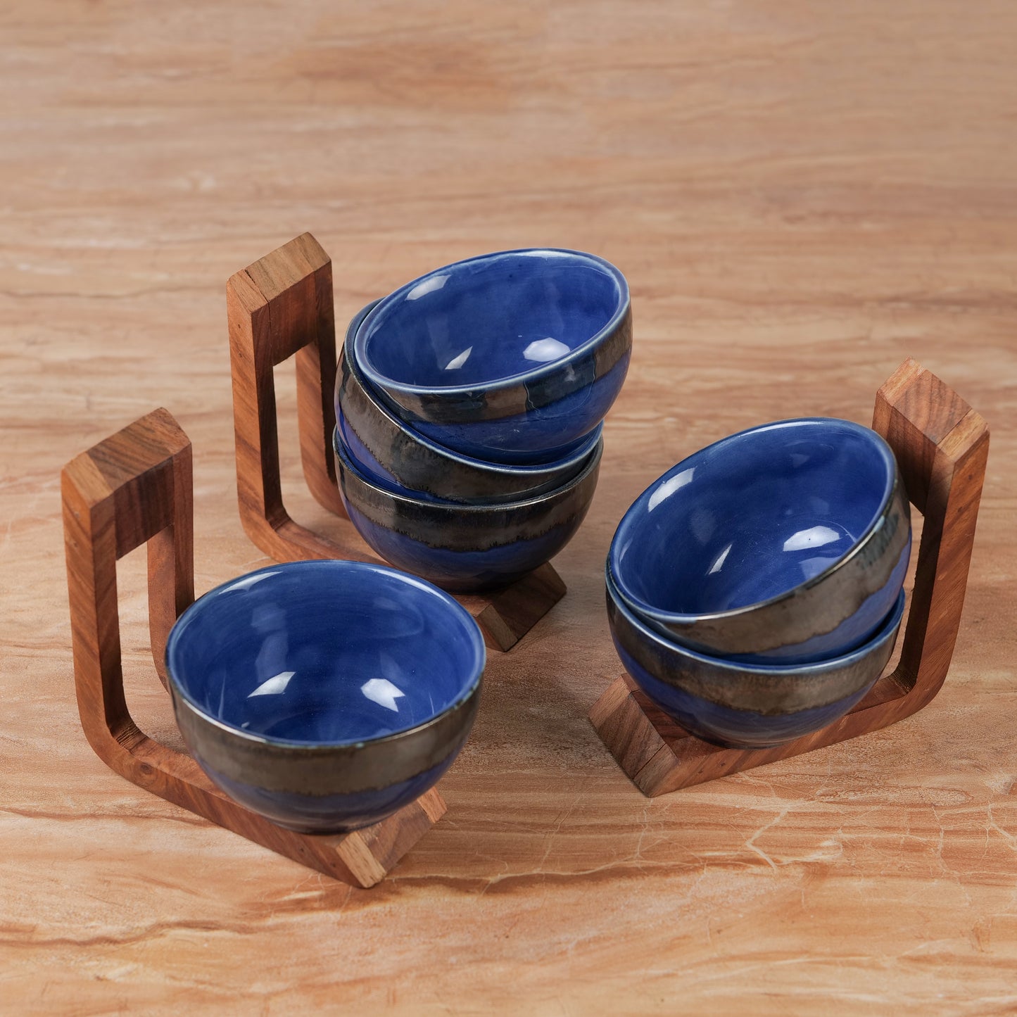 'Sapphire Dribble' Ceramic Dinner Bowls, (220 ml)