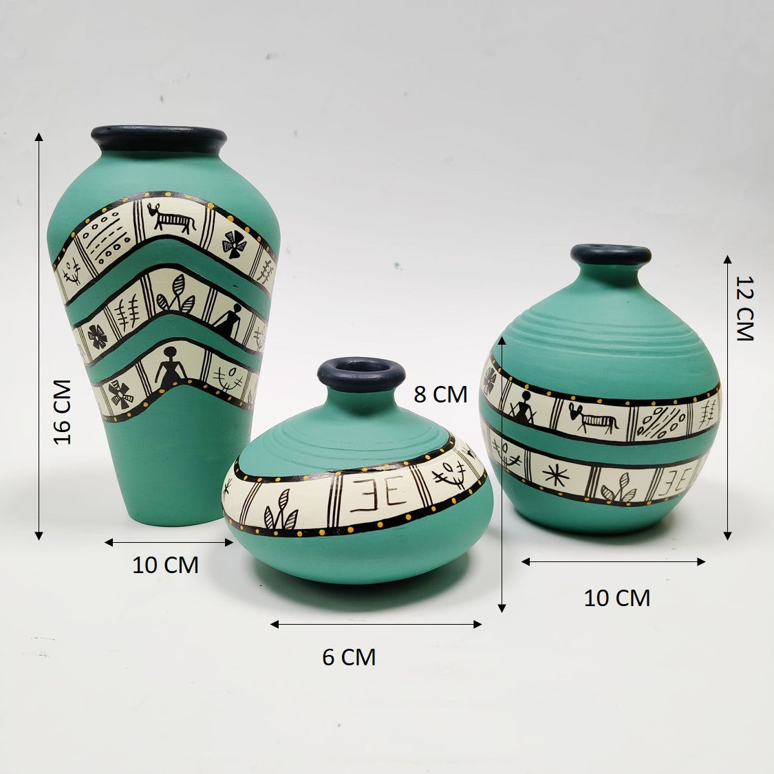 ‘Warli Turquoise’ Terracotta Vase In Aqua Blue (Combo of 3)