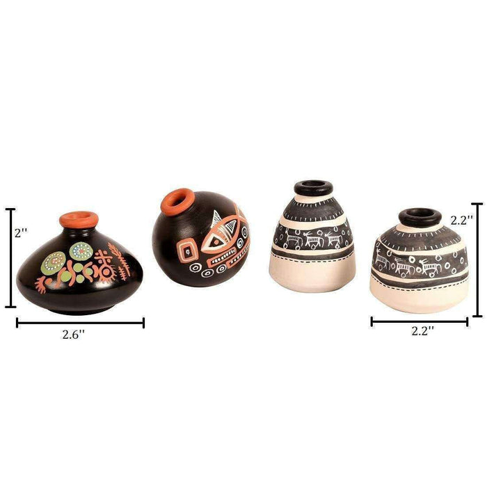 Decorative Wooden Wall Shelf With Miniature Terracotta Pots, Set of 4