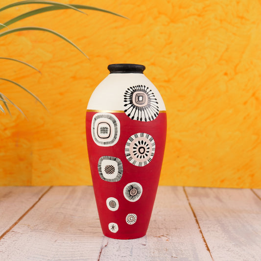 'Modern Vibes' Handpainted Terracotta Vase In Maroon Color, 10 Inch