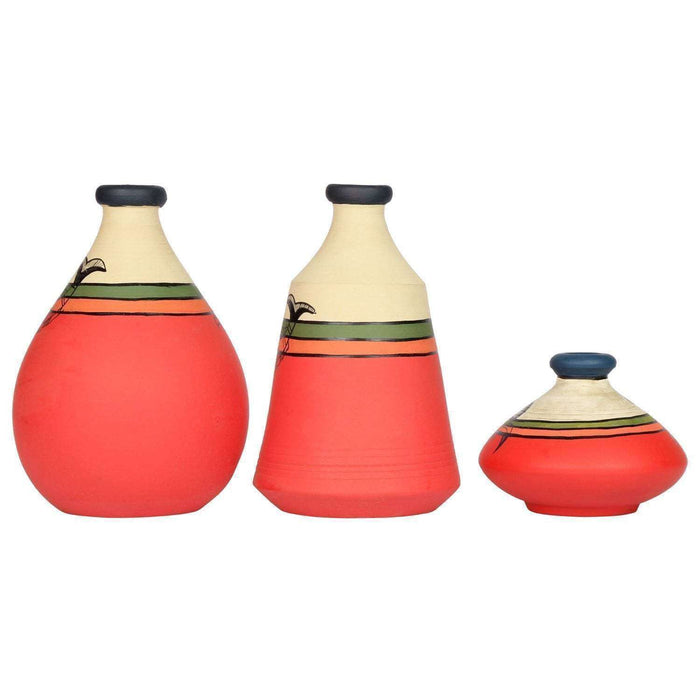Madhubani Hand-Painted Terracotta Vase In Pink Color, Set Of 3