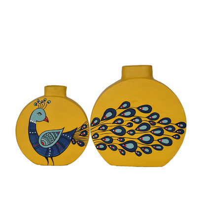 "Dancing Peacock' Terracotta Vase In Yellow Color, Set of 2