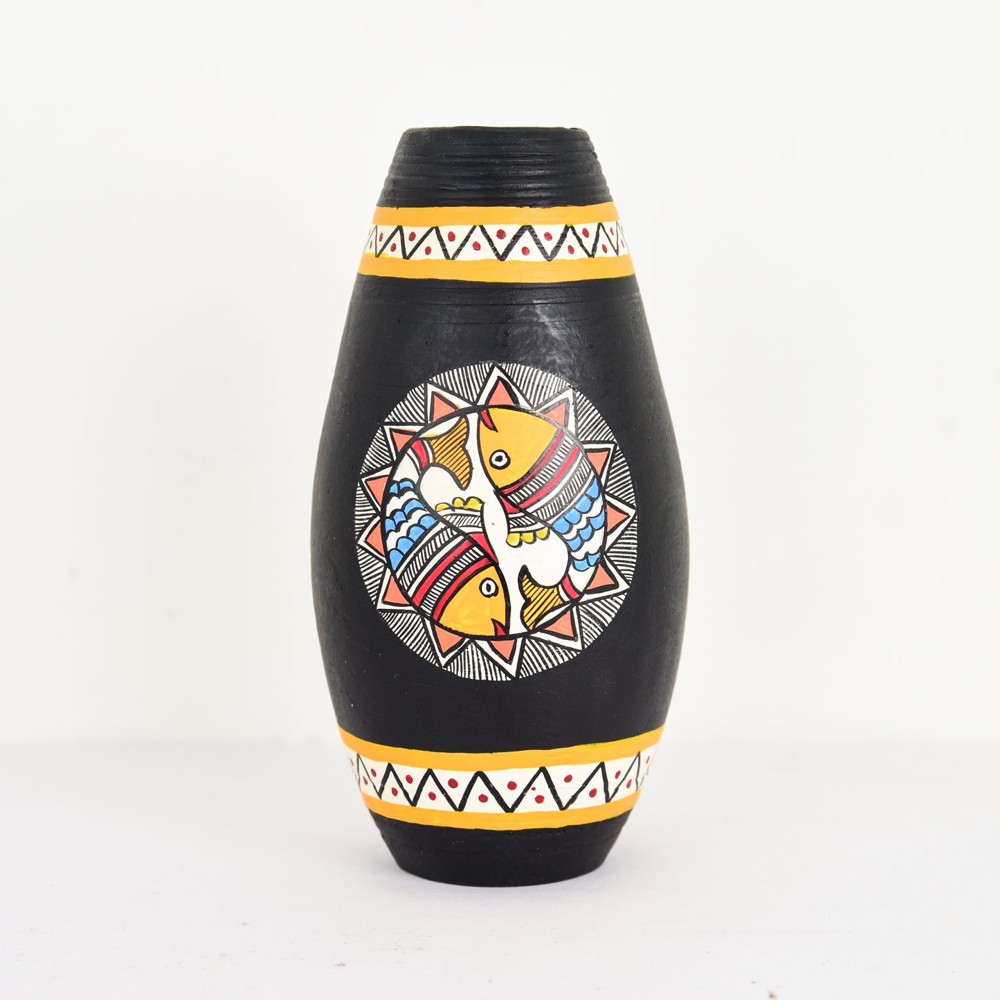 Madhubani Design Terracotta Decorative Vase In Black Color, Set of 2