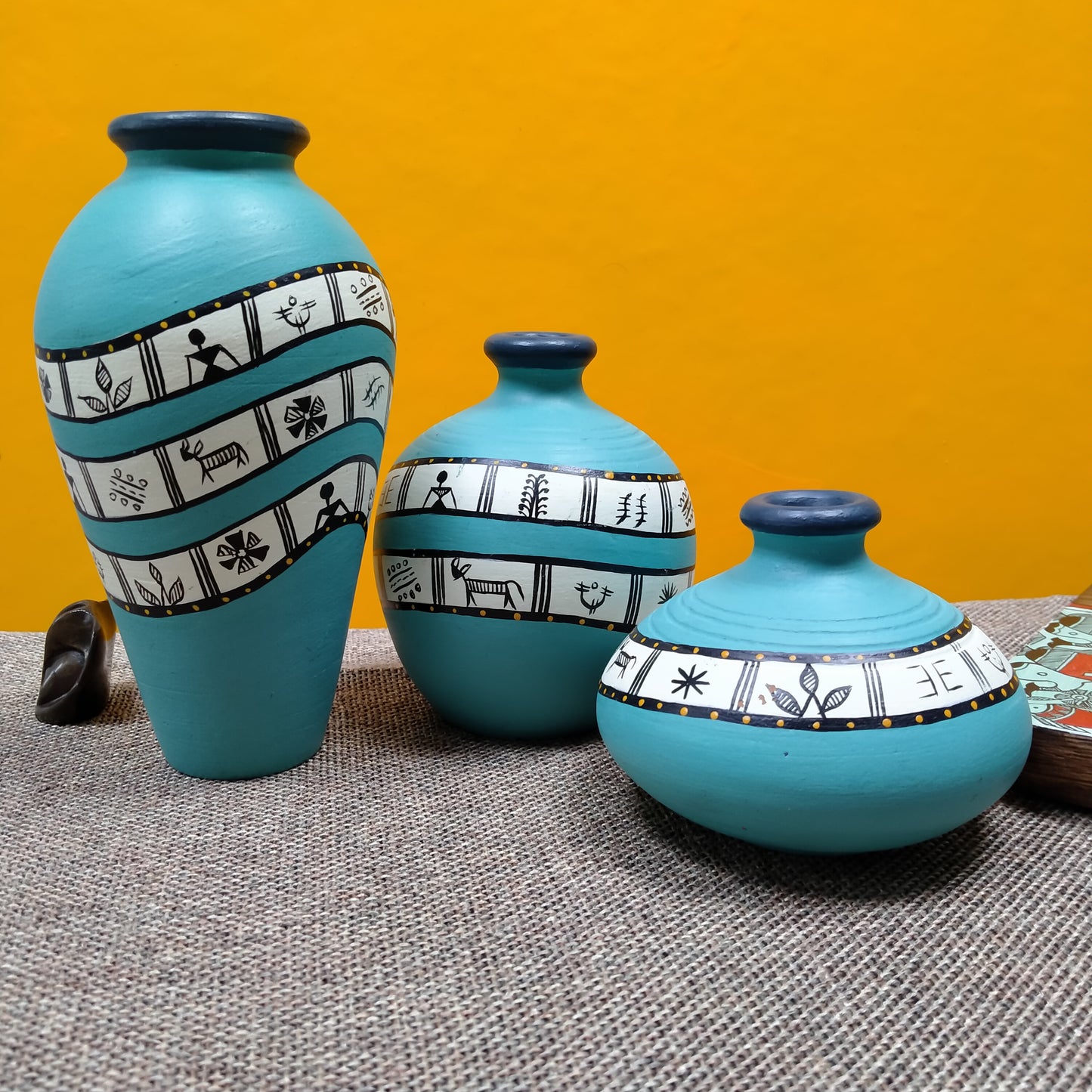 ‘Warli Turquoise’ Terracotta Vase In Aqua Blue (Combo of 3)
